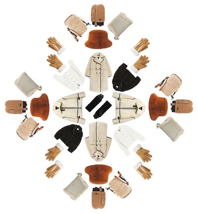 Brown and cream clothes, shoes and accessories arranged in diamond formation