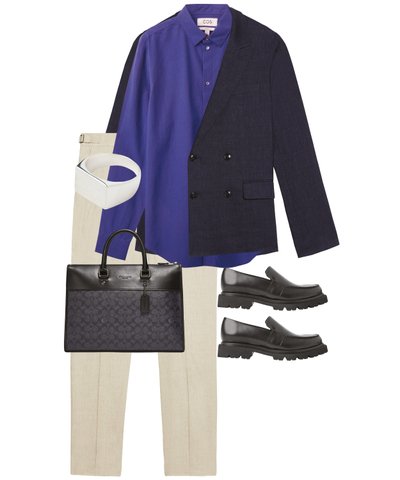 A Ted Baker jacket, COS shirt, H&M ring, Ted Baker trousers, Coach bag, and COS loafers