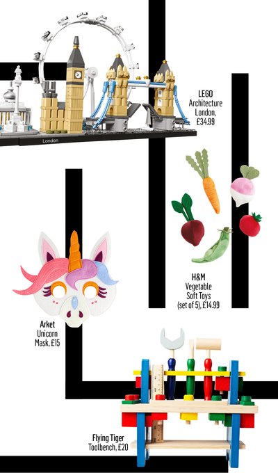 Children's Christmas toys including Lego Big Ben, soft vegetable toys, unicorn mask and wooden tool bench