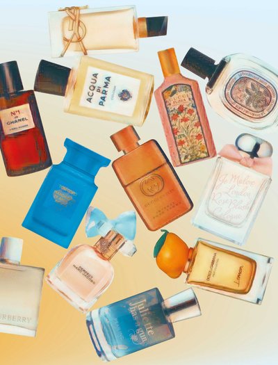 Pefume bottles cascading against a gradient background