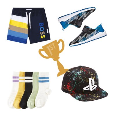 Boss swimshorts, Clarks trainers, Lindex socks and a Playstation cap
