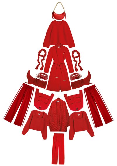 Red clothes, shoes and accessories arranged in Christmas tree formation