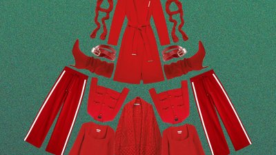 Red clothes, shoes and accessories arranged in a Christmas tree formation