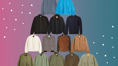 Men's bomber-style jackets arranged in a Christmas tree formation