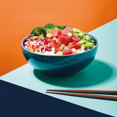 Poke bowl broccoli shredded carrot beetroot broad beans spring onions rice