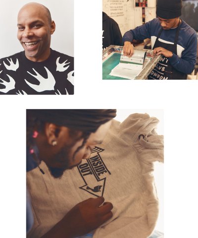 Greg McKenzie; Printing in Action; a silkscreen print on a hooded jumper