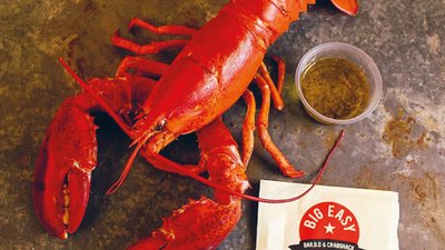 Red lobster with a sauce pot and napkin