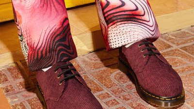 Burgundy courdory shoes and patterned pink and black trousers