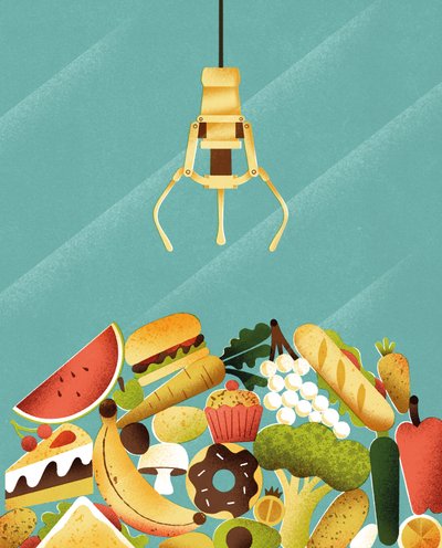 Illustration of edible goods within a funfair claw machine