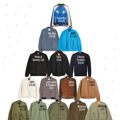 Men's bomber jackets arranged in a Christmas tree formation