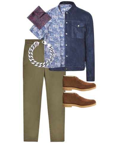 A Reiss jacket, Uniqlo shirt, Charles Tyrwhitt pocket square, Reiss trousers, Tommy Hilfiger bracelet and Reiss shoes