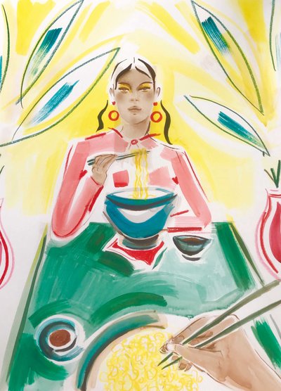 Illustration woman eating noodles