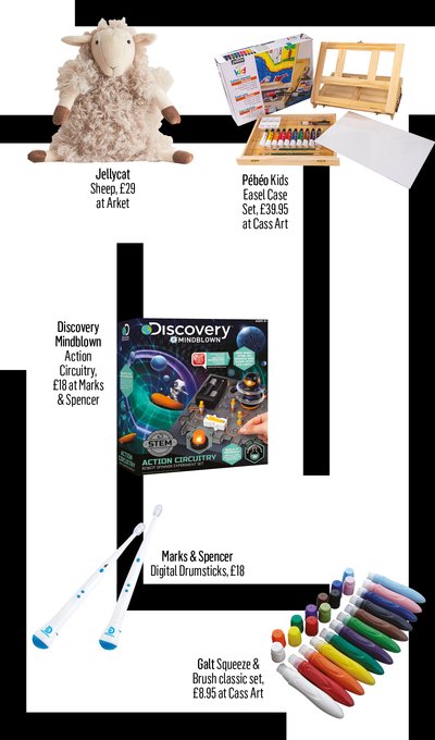 Children's Christmas toys including soft toy sheep, easel set, Action Circuitry, drumsticks and brush set