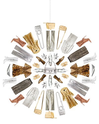 Metallic clothes, shoes and accessories arranged in snowflake formation