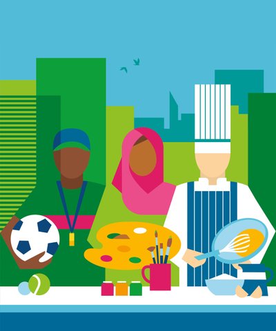 Drawing of a football coach, a painter and a chef