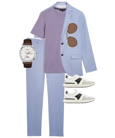 A River Island jacket, AllSaints t-shirt, Dolce & Gabbana sunglasses, Tissot watch, River Island trousers and Aldo trainers
