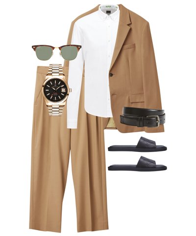 A COS blazer, Boss shirt, Ray-Ban sunglasses, Gant watch, COS trousers, Reiss belt and Kurt Geiger sliders