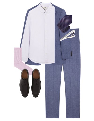 Men's blue suit with tie and shoes