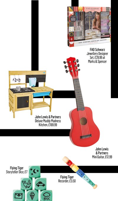 Children's Christmas toys including jewellery designer set, mud kitchen, guitar, recorder and dice