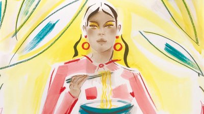 Illustration woman eating noodles