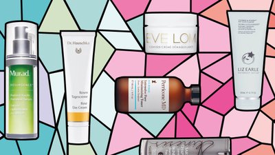 Skincare products on a colourful background