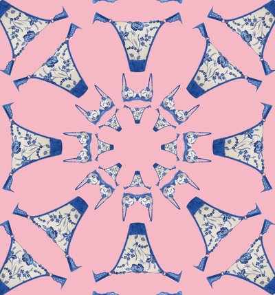 Blue and white underwear illustration on pink background
