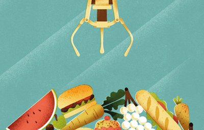 Illustration of a funfair claw machine filled with edible treats