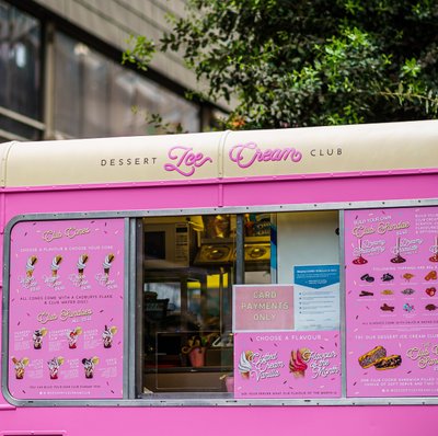 Side view pink cream retro ice cream van menu