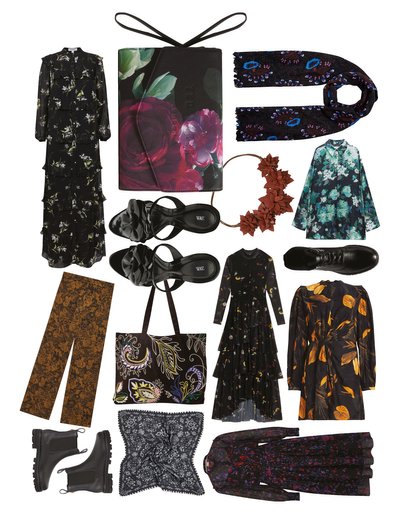 Floral print clothes, shoes and accessories arranged in collage formation